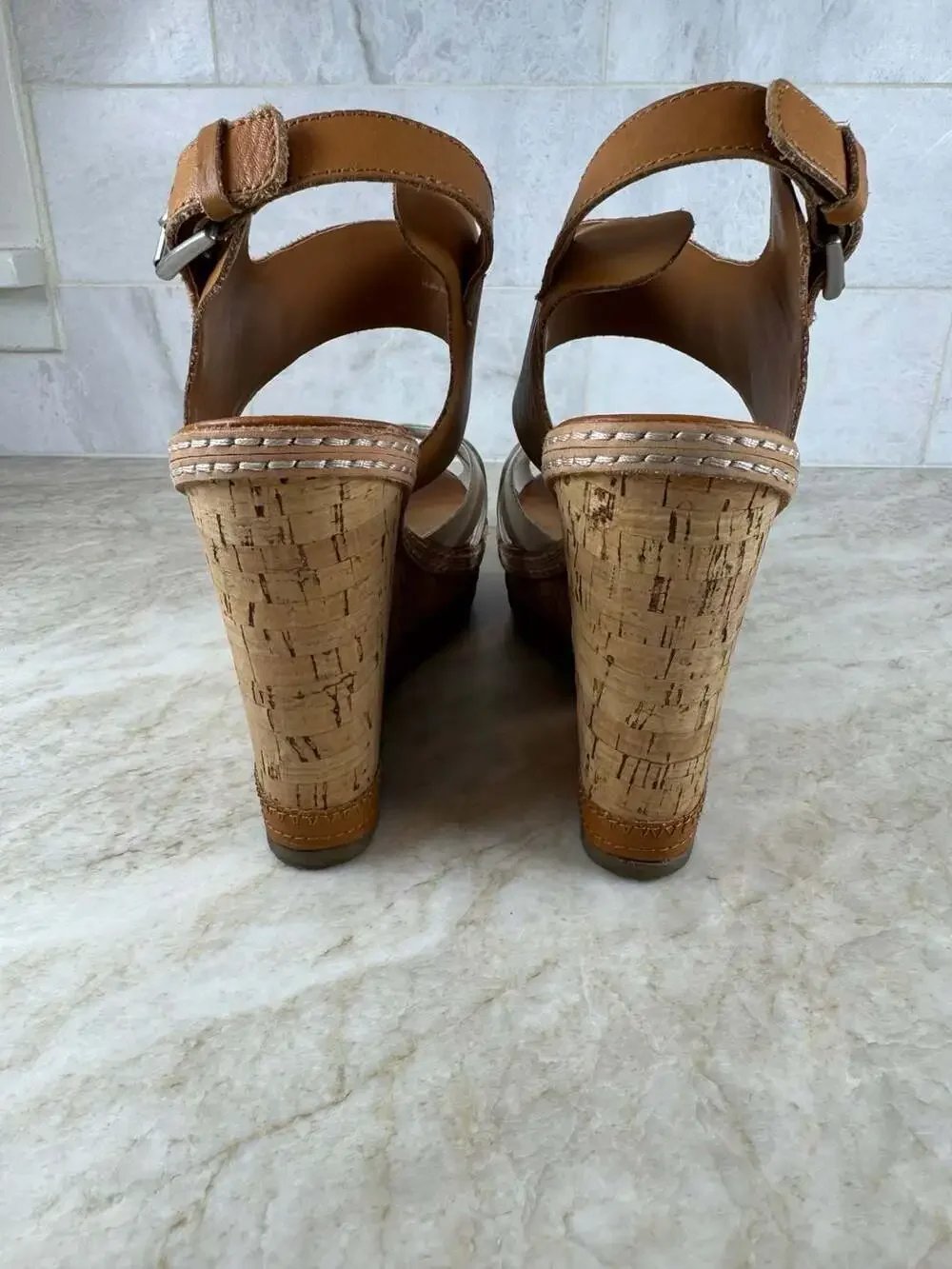 DV Dolce Vita Jaslyn Leather Cork Wedge Platform Sandals Tan White Womens 8.5